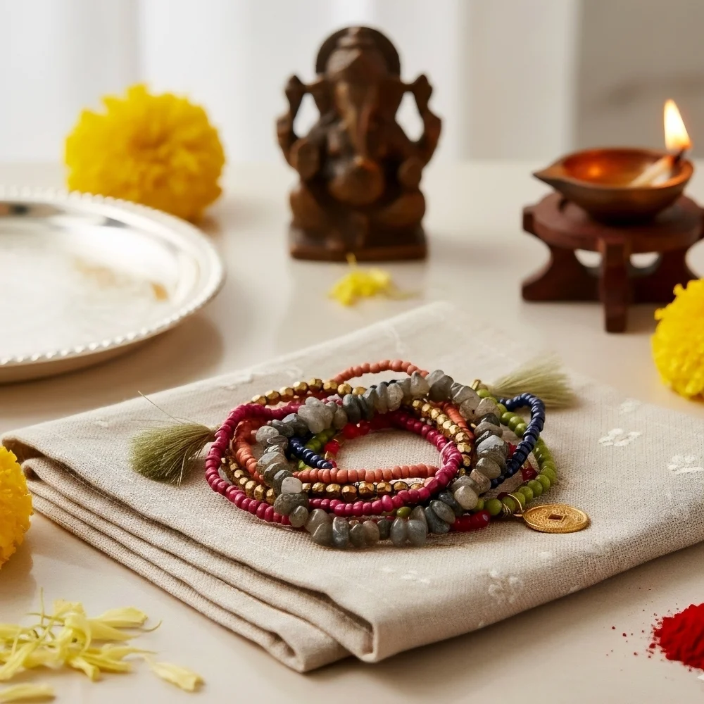 Artisanal Indian Boho Colorful Beaded Bracelet Set With Tassels & Gold Charm
